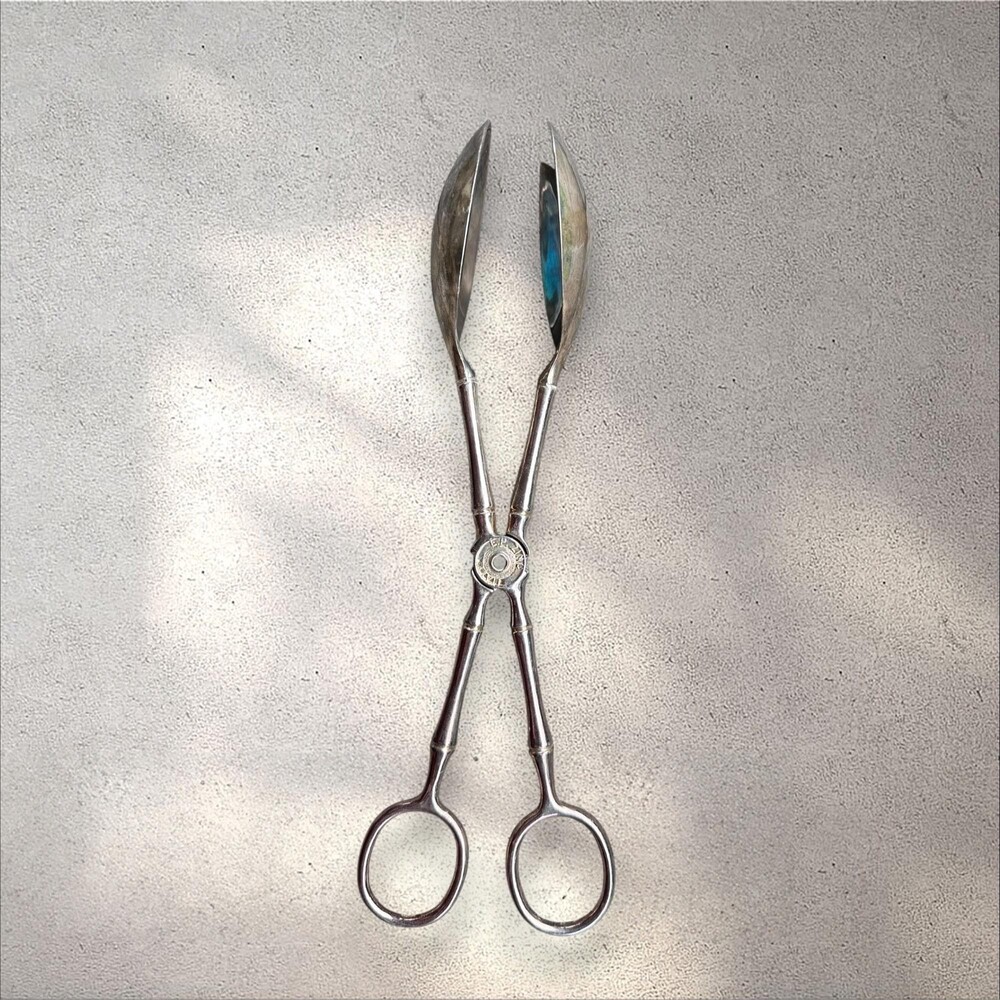 Vintage Italian EP Zinc Silver Plated Scissor Salad Tongs Serving Cutlery Italy